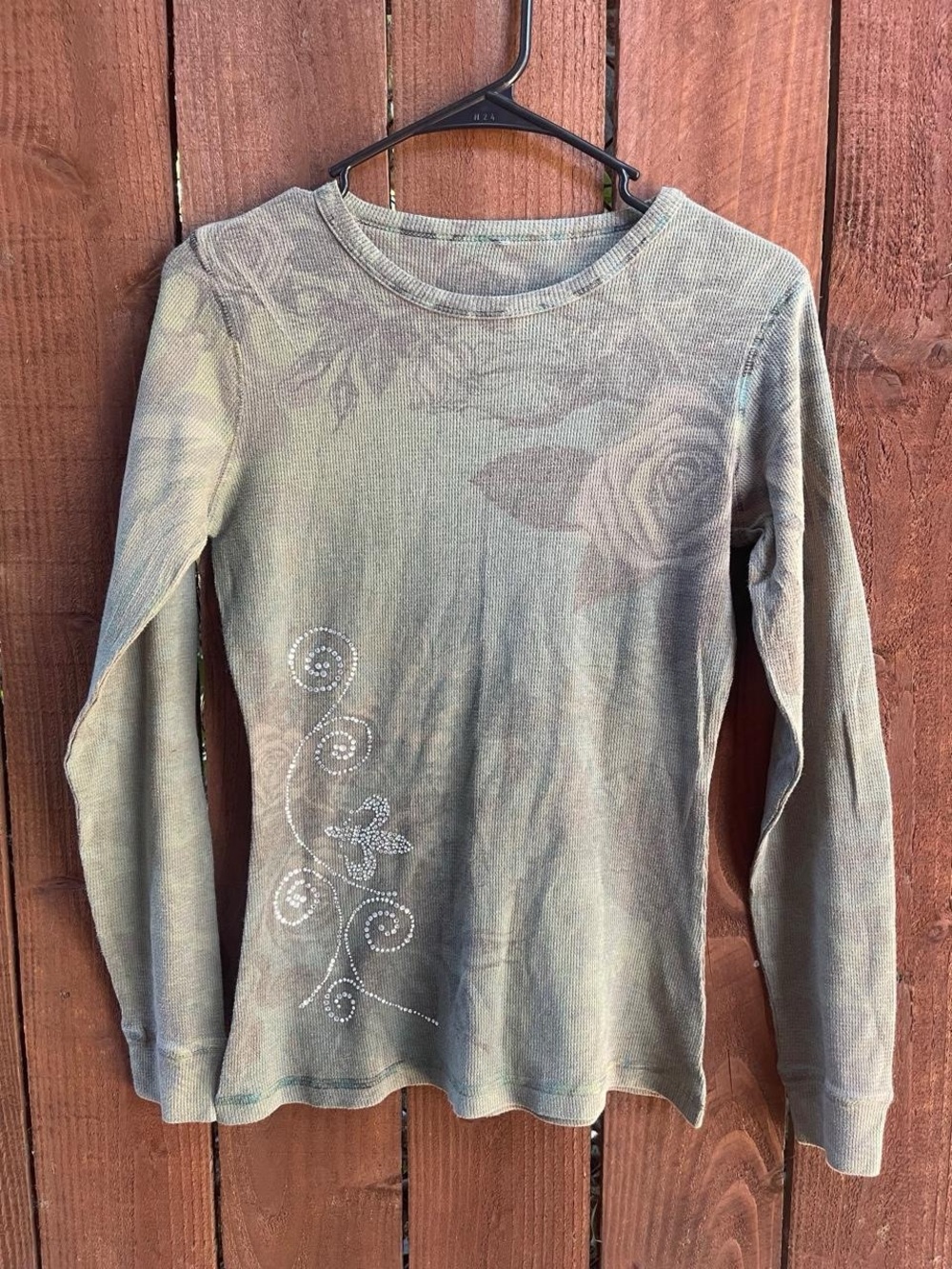 VTG Y2K Green Grunge Gothic Waffle Knit Long Sleeve w Sequins, Roses Sz Sm